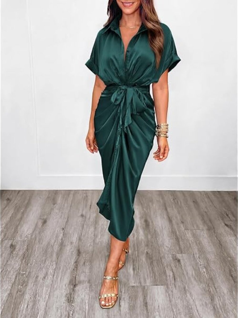 Emerald Green Tie-Waist Satin Midi Dress - Women